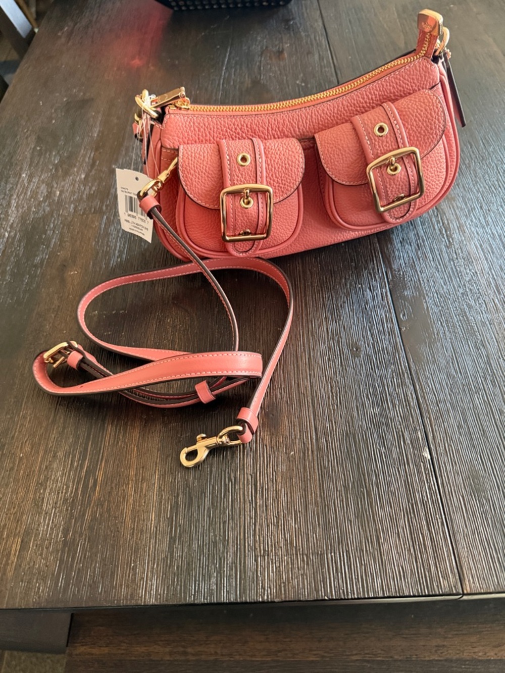Coach Burnt Coral Ashton Pebbled Leather Crossbody with Buckle Pockets